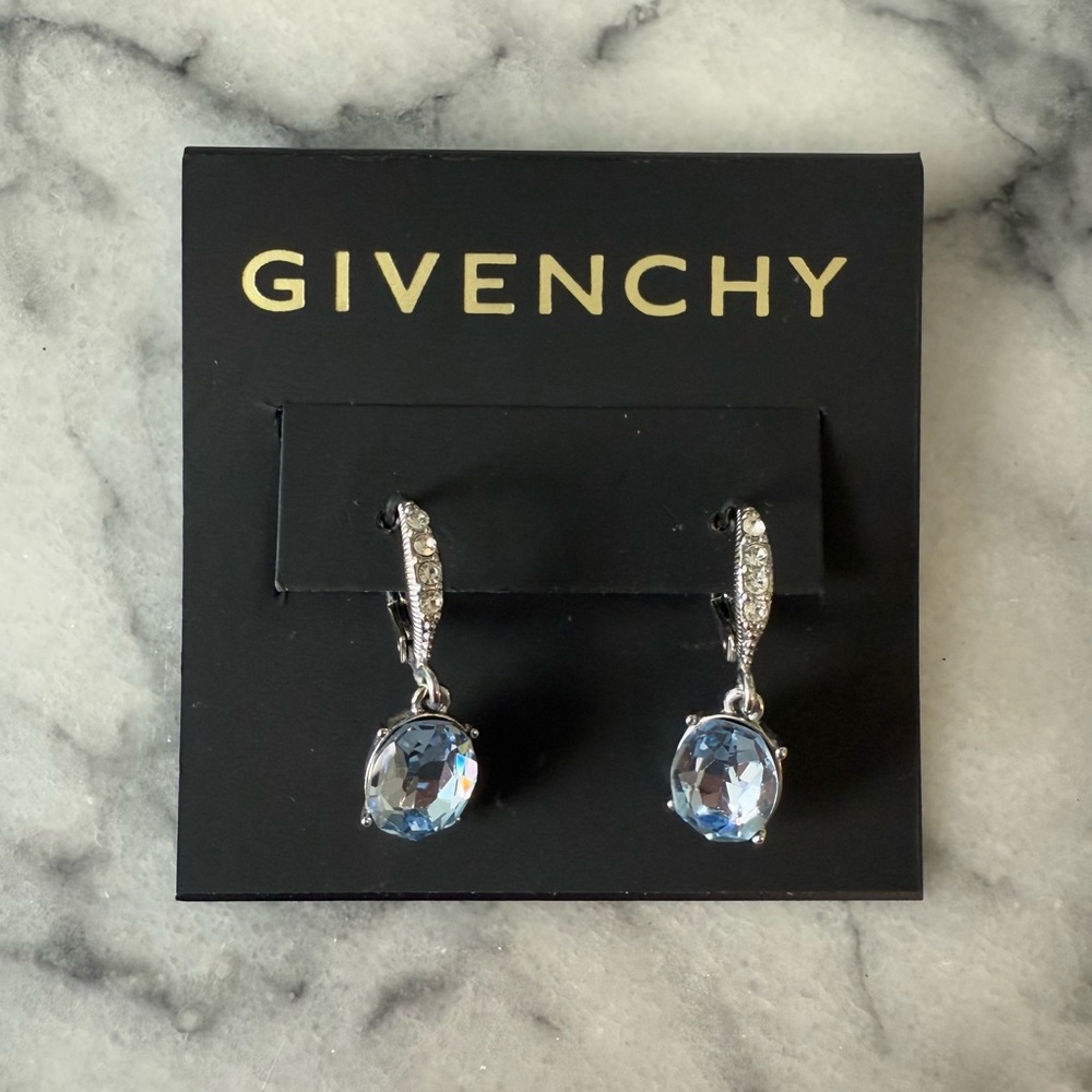 Givenchy Silver Tone Blue Teardrop Crystal Dangle and CZ Earrings - 1.25” - NWT